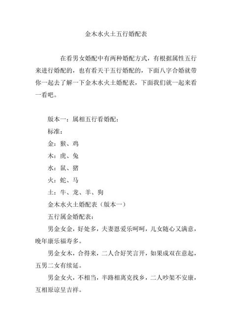 下面八字合婚就带你一起去了解一下金木水火土婚配表,下面我们就一